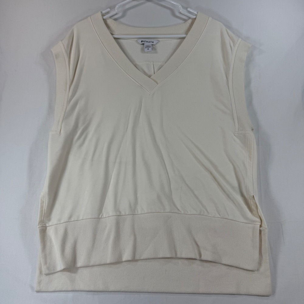 Athleta Retroterry Womens V-Neck Sleeveless Sweatshirt Cream French Terry Medium